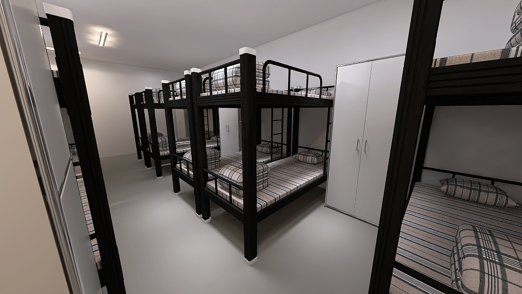 Sypialnia w schronie dla 20 osób i 2 osób z obsługi